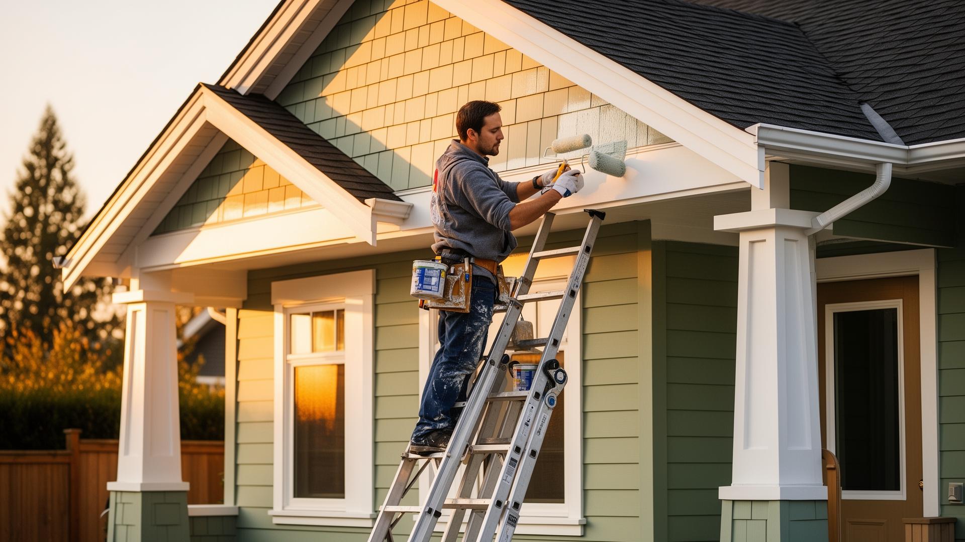 Fairway painter finishing trim on a Vancouver craftsman home at golden hour